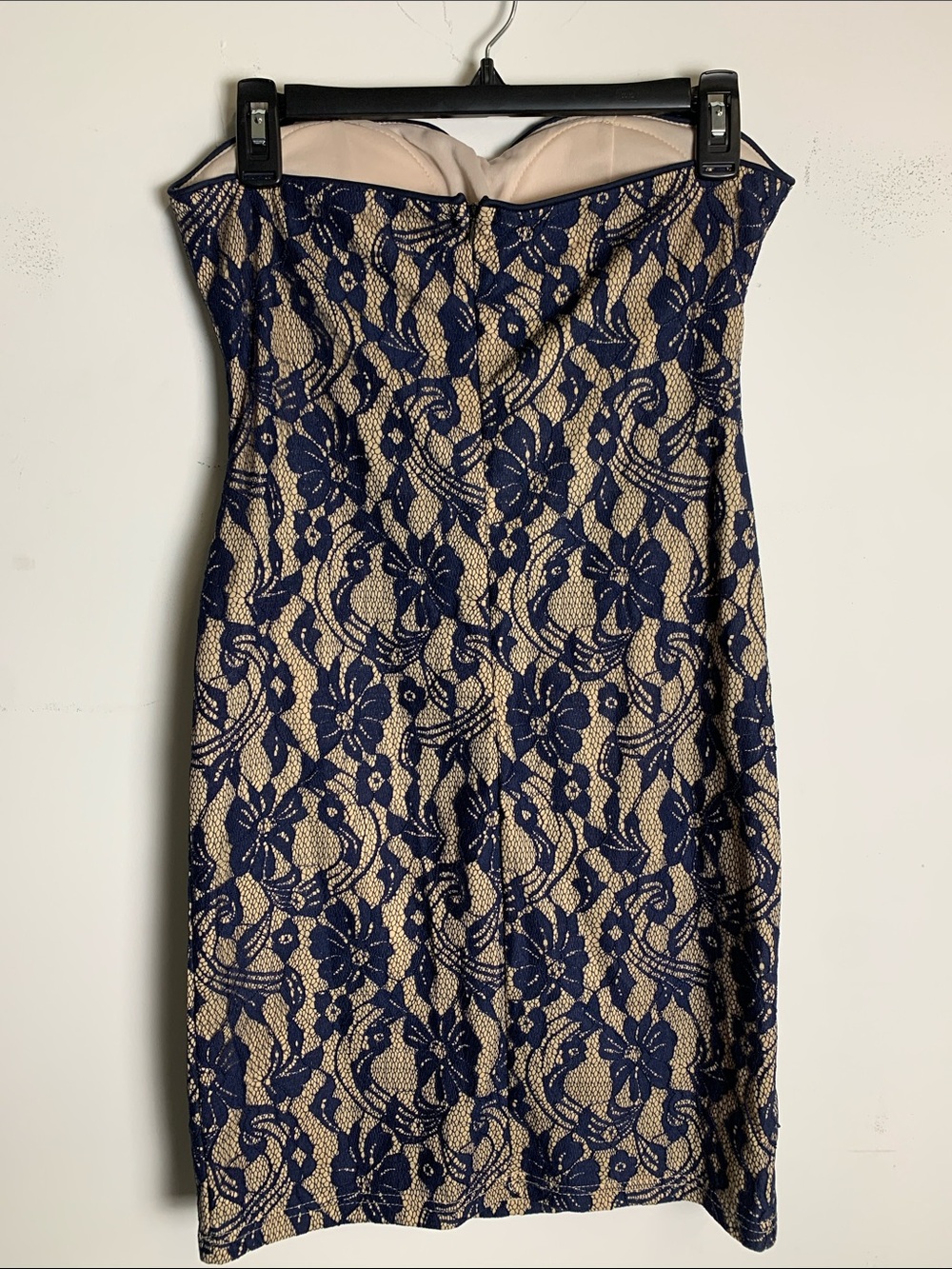 Graffith Strapless Navy Lace over Beige Sheath Dress - Picture 4 of 5